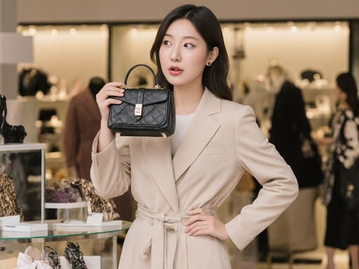 30대 한국인 여성의 반신 사진으로, 자연스러운 아름다움을 뽐내고 있습니다. 그녀는 세련된 의상을 입고 있으며, 한 손으로 패셔너블한 가방을 들고 다른 손은 자연스럽게 내려뜨린 자세입니다. 그녀의 표정은 가방의 스타일에 놀란 듯한 모습으로, 패션 매장 내부에서 다양한 패션 아이템들이 진열된 배경과 함께 매력적인 쇼핑 분위기를 만들어냅니다.