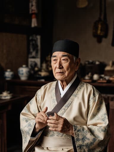 70대 한국인 남성이 전통 한복을 입고, 따뜻한 찻집 내부에서 사색에 잠긴 듯한 표정을 지으며 이야기를 나누는 듯한 동작을 하는 반신 샷입니다.