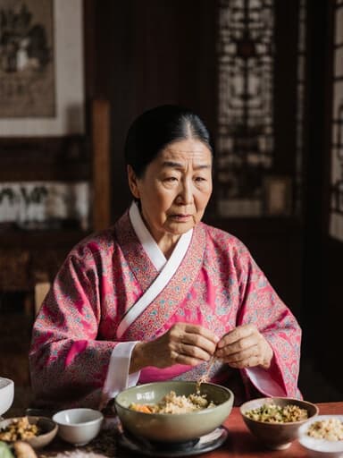 전통적인 한복을 입고 밝은 색상을 지닌 70대 여성 한국인이 식탁에 앉아 재료를 만지작거리며 걱정스러운 표정을 짓고 있는 모습의 반신 촬영. 전통적인 한국 가정의 거실에 다양한 음식 재료들이 놓여 있어 아늑하고 문화적인 분위기를 자아냅니다.