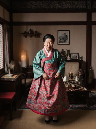 80대 한국인 여성이 화려한 전통 한복을 입고 지루한 표정을 지으며 아늑한 거실에서 점프하는 모습의 전신 사진입니다. 거실은 전통적인 가구와 소품으로 장식되어 있습니다.