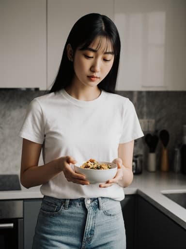 자연스러운 외모를 가진 10대 후반 아시아계 여성 모델이 편안한 티셔츠와 청바지를 입고 현대적인 주방에 서 있습니다. 그녀는 음식 그릇을 들고 차가운 표정으로 바라보며 먹으려는 자세를 취하고 있습니다. 주방은 세련된 조리대와 주방용품으로 꾸며져 있어 따뜻하고 초대하는 분위기를 자아냅니다.