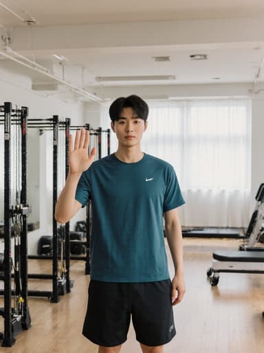 20대 건강한 외모의 한국 남성이 편안한 운동복과 운동화를 착용하고, 밝고 현대적인 필라테스 스튜디오에서 반신을 촬영한 모습입니다. 무관심한 표정을 지으며 한 손으로 여유롭게 인사하는 자세를 취하고 있어, 주변 환경에서 편안하고 자신감 있는 느낌을 전합니다.