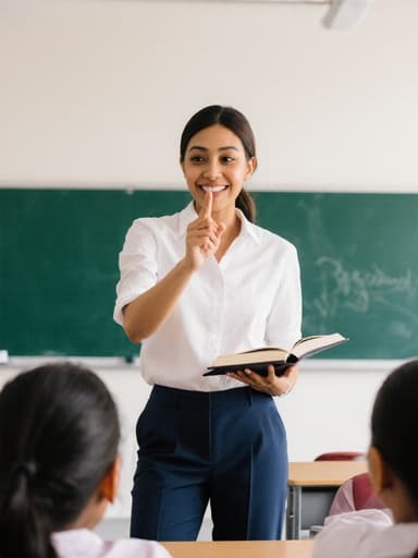 이 이미지는 20대 혼혈 여성의 반신 사진으로, 자연스러운 외모를 가진 그녀가 캐주얼한 블라우스와 슬랙스를 입고 있습니다. 그녀는 책을 들고 학생들에게 주제를 열정적으로 설명하고 있으며, 배경은 칠판과 책상이 있는 밝고 현대적인 교육 공간으로, 학습의 영감을 주는 분위기를 만들어냅니다.