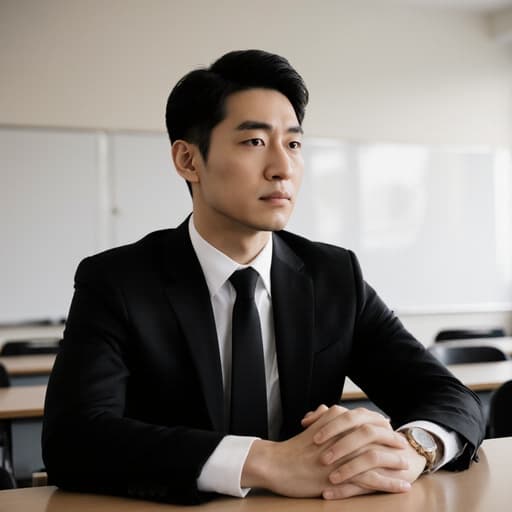 30대 아시아계 남성이 흰색 셔츠와 검은색 넥타이를 매고 검은색 정장 재킷을 입고 있는 반신 촬영입니다. 깔끔한 헤어스타일을 가진 그는 회의실 테이블에 손을 올리고 앉아 있으며, 무관심한 표정과 약간 피곤해 보이는 모습으로 앞을 바라보며 생각에 잠긴 자세입니다. 배경은 잘 조명이 비추어지는 학습실로 화이트보드와 정돈된 책상이 배치되어 있어 주제의 복장과 태도를 잘 보완하는 전문적인 분위기를 자아냅니다.