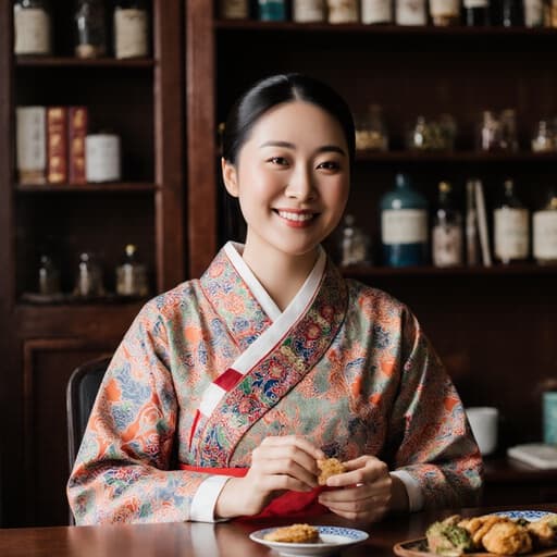 30대 유럽계 여성이 아름다운 한복을 입고, 한의학 서적과 약재가 가득한 아늑한 한의원에서 전통 음식을 맛보며 따뜻하게 미소 짓고 있는 모습.