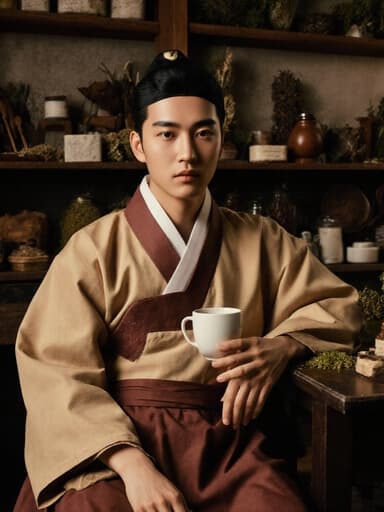 전통 한복 스타일의 의상을 입은 중동계 10대 남성이 커피 잔을 들고 한 손은 테이블에 올려놓고 있는 모습이 따뜻한 한약 조제실에서 포착되었습니다.