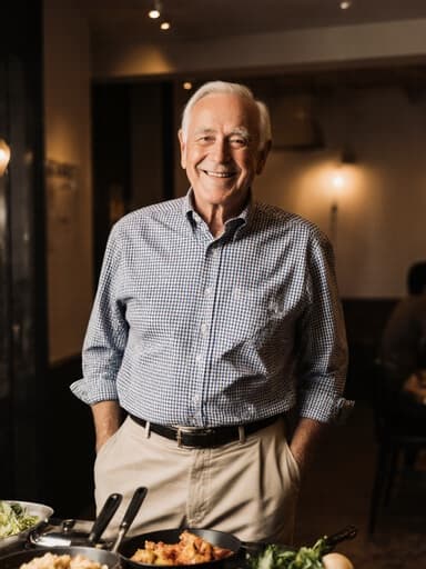 70대 유럽계 남성이 아늑한 카페에서 식탁 위의 요리 재료를 바라보며 미소 짓고 서 있습니다. 체크무늬 셔츠와 면바지를 입고 있는 그는 편안하고 행복한 분위기를 풍기며, 카페의 따뜻한 조명 속에서 더욱 매력적으로 보입니다.