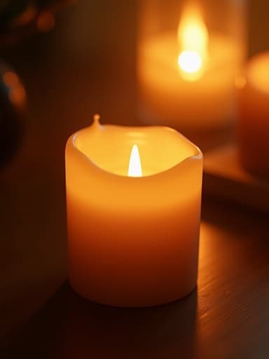 촛불, 아늑한 방을 비추는 황금빛 노을, 따뜻한 분위기