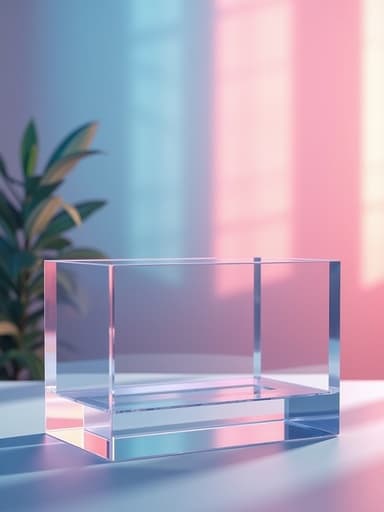 아크릴 정리함, 투명 아크릴 재질, 부드러운 모서리, 부드러운 그라디언트의 추상적인 색상 패턴 배경 중앙에 배치, 활기차고 예술적인