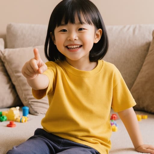 7세 아시아계 여성의 반신 사진으로, 귀엽고 순수한 외모를 지닌 그녀가 편안한 바지와 밝은 색상의 티셔츠를 입고 아늑한 거실 소파에 앉아 있습니다. 그녀는 숨바꼭질을 하는 듯 손으로 무언가를 가리키며 순수한 미소를 지으며 즐거운 기분을 표현하고 있습니다. 주변은 장난감과 쿠션으로 가득 차 있습니다.