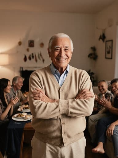 70대의 혼혈 남성이 편안한 카디건과 면바지를 입고, 가족들이 모여 축하하는 아늑한 거실에 서 있습니다. 그는 고마워하는 표정을 지으며 팔짱을 끼고 사랑하는 이들을 기다리며 따뜻하고 즐거운 분위기를 만들어냅니다.
