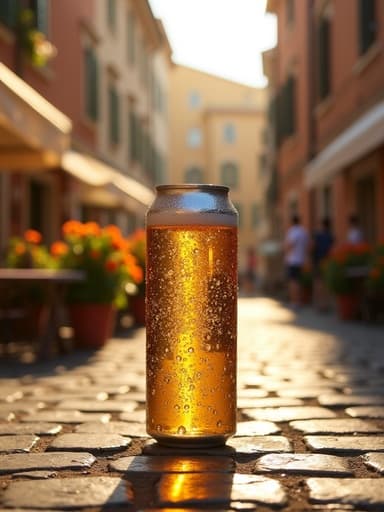 맥주 캔, 이탈리아 광장에 돌바닥, 생기 있는 꽃과 카페 테이블, 따뜻한 오후 빛