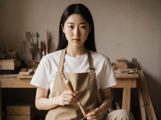 10대 후반의 한국인 여성의 반신 사진으로, 자연스러운 외모를 보여줍니다. 그녀는 편안한 티셔츠와 바지를 입고 작업용 앞치마를 착용하고 있습니다. 차분한 표정으로 목공 도구를 손에 들고 집중하고 있는 모습이며, 배경은 아늑한 거실로 작업대와 정리된 목재들이 있는 환경을 강조합니다. 이 이미지는 집중과 창의성의 순간을 포착하며, 따뜻하고 초대하는 분위기 속에서 그녀의 매력을 강조합니다.