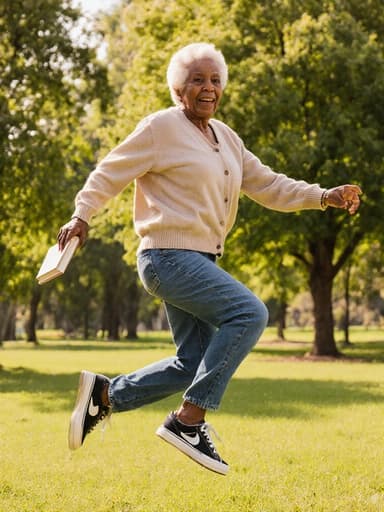 70세의 흑인 여성이 편안한 카디건과 청바지를 입고, 책을 들고 있는 채로 햇빛이 비추는 공원에서 즐겁게 점프하는 모습의 전신 사진. 그녀의 표정은 약간의 외로움과 그리움을 반영하며, 푸르른 자연이 둘러싸고 있다.