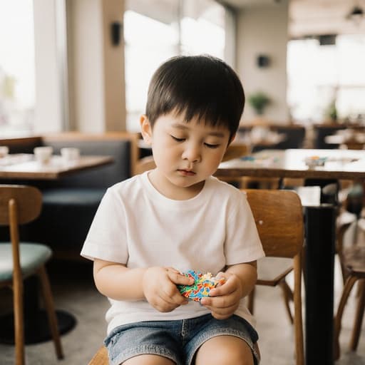 귀여운 3세 동양인 남자가 편안한 티셔츠와 반바지를 입고 밝은 카페에 앉아 퍼즐 조각을 손에 쥐고 있습니다. 그는 졸린 표정으로 눈을 살짝 감고, 따뜻한 햇살이 비치는 아늑한 환경에서 장난기 가득한 순간을 즐기고 있습니다.