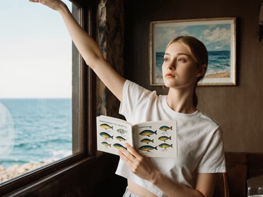 바다의 전망이 있는 아늑한 해안 카페 세팅에서 어류 분류 책을 들고 스트레칭하고 있는 10대 초반 백인 여성의 차분한 표정.