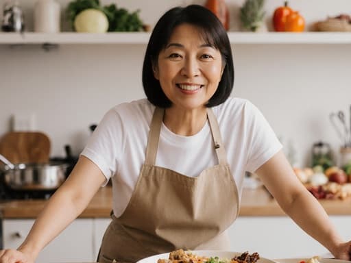 40대 동양인 여성이 편안한 복장에 주방 앞치마를 입고, 조리대에 기대어 놓인 음식을 맛보기를 기다리며 행복한 표정을 짓고 있는 모습, 다양한 식재료와 조리 도구로 가득한 아늑한 주방 배경.