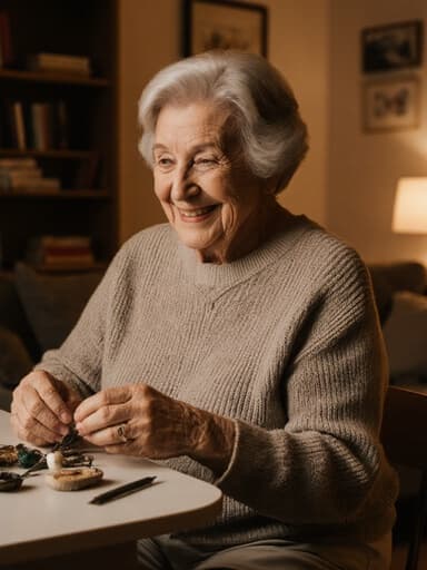 70대 유럽계 여성이 아늑한 거실에 앉아 따뜻한 미소를 지으며, 니트 스웨터와 캐주얼한 바지를 입고 손에 수집한 물건을 들고 관심을 갖고 바라보는 반신 사진으로, 부드러운 조명과 편안한 분위기 속에 있습니다.