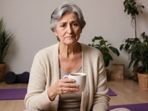 50대 중동계 여성이 편안한 요가 복과 가벼운 스웨터를 입고, 한 손에 커피 컵을 들고 다른 손은 무릎에 올려놓고 있는 반신 사진입니다. 그녀는 걱정스러운 표정을 짓고 있으며, 아늑한 명상실과 식물, 요가 매트가 배경을 이루어 편안하면서도 복잡한 감정의 분위기를 강조합니다.
