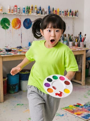 밝은 색상의 티셔츠와 편안한 운동복 바지를 입은 10대 초반의 한국인 소녀의 전신 샷입니다. 그녀는 놀란 표정을 지으며 손을 벌리고 달리면서 색깔이 섞인 팔레트를 들고 있습니다. 다양한 색상의 물감과 브러시가 놓인 예술 스튜디오에서 활기차고 장난스러운 분위기를 연출하고 있습니다.