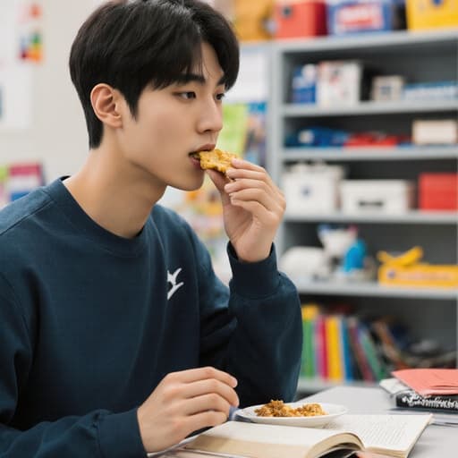 편안한 운동복을 입은 10대 초반 한국 남성이 스터디룸에서 스포츠 자료로 가득 찬 환경 속에서 간식을 즐기며 공부하고 있습니다. 열정적이고 집중하는 표정은 학습에 대한 그의 헌신을 잘 보여주며, 한 손에는 책을, 다른 손에는 간식을 들고 있습니다.