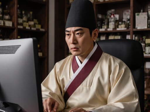 한복 스타일의 가운을 입은 중동계 남성 의사가 전통 한의원에서 컴퓨터 화면을 바라보며 걱정스러운 표정으로 상담을 진행하는 모습입니다.