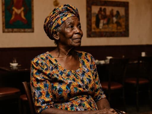 이 이미지는 아프리카계 70세 여성이 화려한 전통 드레스를 입고 아늑한 카페에 앉아 있는 모습을 담고 있습니다. 그녀는 외로운 표정을 지으며 깊은 생각에 잠겨 있으며, 배경에는 전통 예술 작품들이 있어 따뜻하고 매력적인 분위기를 만들어냅니다.