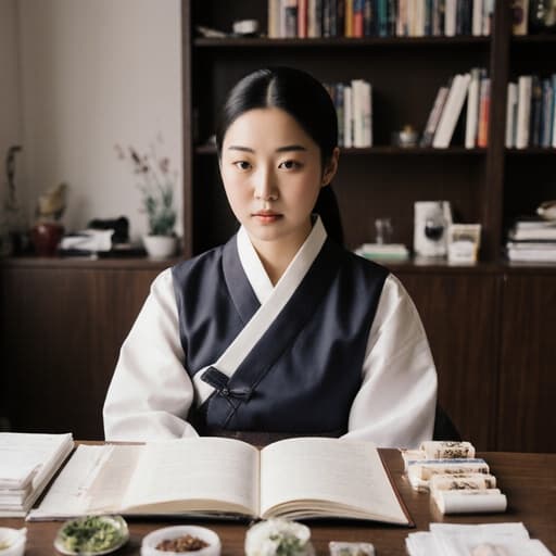 현대적인 한복을 입은 10대 후반 아시아계 여성 모델이 테이블 위의 연구 자료를 바라보며 깊은 고민에 잠긴 모습을 보이고 있는 현대 한의학 클리닉의 서재처럼 꾸며진 공간에서 촬영된 이미지입니다.