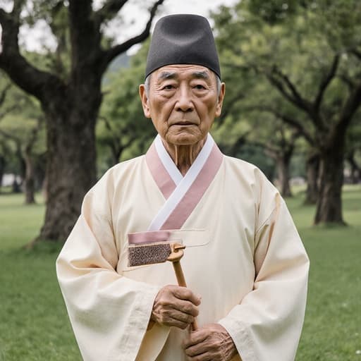 이 이미지는 80대 한국인 남성이 부드러운 파스텔 한복을 입고 조용한 공원에 서 있는 모습을 담고 있습니다. 걱정스러운 표정과 깊은 고민이 담긴 눈빛을 지닌 그는 전통 놀이 도구를 들고 있으며, 평화로운 자연 환경 속에서 문화 유산과의 연결을 반영하고 있습니다.