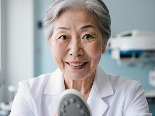 놀란 표정을 짓고 있는 60대 아시아계 여성의 반신 사진. 의사 가운과 의료용 신발을 착용하고 있으며, 깨끗하고 현대적인 검사실에서 신발을 신으려고 하는 모습입니다.