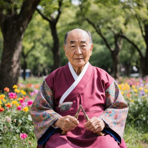 70대의 동양인 남성이 전통적인 한복을 입고 평화로운 공원에 앉아 공예 도구를 손에 쥐고 있습니다. 그의 편안한 표정과 나무와 꽃으로 가득한 배경이 따뜻하고 초대하는 분위기를 만들어냅니다.