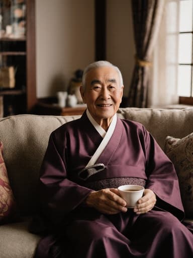 아늑한 거실 소파에 편안하게 앉아 전통 한복을 입고 차를 들고 있는 80대 한국인 남성의 따뜻하고 매력적인 반신 사진. 그는 편안하고 친근한 표정으로 따뜻한 미소를 짓고 있으며, 배경은 전통적인 소품들이 있는 아늑한 분위기를 자아냅니다.