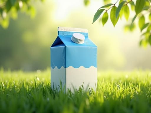 우유 팩, 부드러운 초록색 풀과 신선한 봄의 잎들, 고요하고, 신선하며, 생기 넘치는