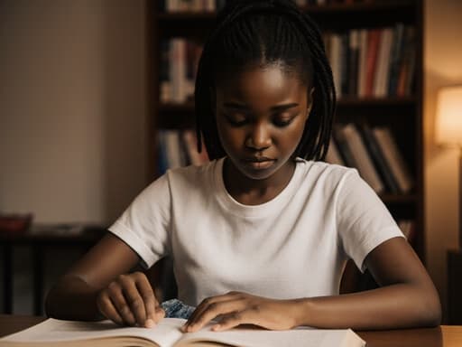 초반 10대 아프리카계 소녀가 편안한 티셔츠와 청바지를 입고 책상에 앉아 열린 책을 바라보고 있습니다. 피곤하지만 집중한 표정으로 페이지를 넘기고 있으며, 책장과 따뜻한 조명으로 아늑한 스터디룸에 둘러싸여 있습니다.