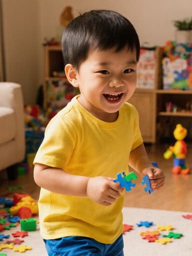 이 이미지는 사랑스러운 3세 아시아계 남성이 밝은 색상의 티셔츠와 반바지를 입고 퍼즐 조각을 들고 달려가는 모습을 담고 있습니다. 아늑한 거실에는 다양한 장난감과 퍼즐이 놓여 있어 어린 시절의 놀이와 창의성을 잘 표현하고 있습니다.