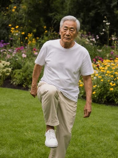 60대 동양인 남성이 편안한 티셔츠와 면바지를 입고, 푸르고 다양한 꽃들이 가득한 정원에서 한쪽 발을 들고 춤추는 듯한 자세로 서 있습니다. 고민하는 표정을 지으며 약간의 슬픔이 느껴지는 모습이 인생의 복잡한 아름다움을 담아냅니다.