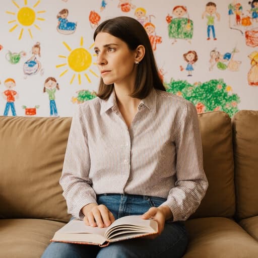 30대 유럽계 여성이 아늑한 유치원 교실의 소파에 편안하게 앉아 있는 반신 사진입니다. 그녀는 캐주얼한 블라우스와 청바지를 입고 있으며, 손에 책을 들고 걱정스러운 표정을 짓고 있습니다. 배경에는 아이들이 그린 다채로운 그림들이 벽을 장식하고 있어 따뜻한 분위기를 더하고 있습니다.