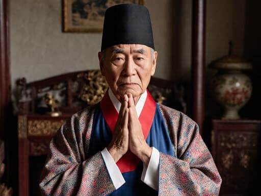 80대 아시아계 남성이 전통 한복을 입고 걱정스러운 표정을 지으며 가슴에 손을 모아 인사를 하고 있는 반신 상의 모습. 배경은 전통적인 가구와 장식이 있는 거실로, 따뜻하고 초대하는 분위기를 만들어냅니다.