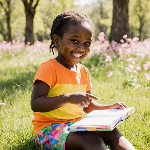 화창한 공원에 앉아 있는 3세 아프리카계 여성 아이의 반신 사진입니다. 밝은 색상의 티셔츠와 반바지를 입고 있으며, 장난스럽게 미소를 지으면서 색깔 공책을 들고 다양한 색깔을 손가락으로 가리키고 있습니다. 배경에는 푸른 나무와 꽃들이 만발해 있습니다.