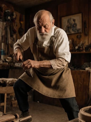 전통 공예 작업복과 앞치마를 입고 작업 도구를 들고 점프하는 80대 백인 남성의 전신 사진. 피곤한 표정이지만 집중한 모습을 보이며, 따뜻한 색조의 거실에서 전통 공예 작품들이 장식된 배경 속에서 활력을 주고받는 듯한 동작을 하고 있습니다.