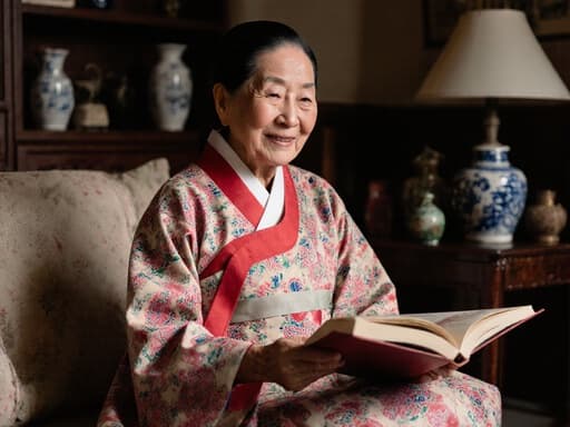 이 이미지는 80대의 아시아계 여성으로, 아름다운 전통 한복을 입고 아늑한 거실에 앉아 있습니다. 그녀는 만족스러운 표정을 지으며 전통 이야기가 담긴 책을 들고 이야기에 몰입하고 있습니다. 배경에는 따뜻한 조명과 한국 전통 소품들이 배치되어 있어, 평화롭고 문화적으로 풍부한 분위기를 만들어냅니다.