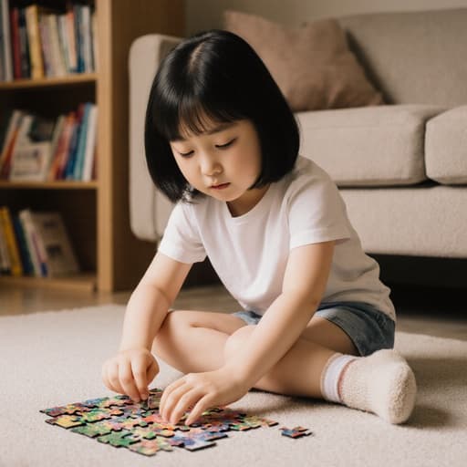 귀여운 7세 한국인 여아가 아늑한 거실 바닥에 앉아 퍼즐을 맞추는데 집중하고 있습니다. 편안한 티셔츠와 반바지, 양말을 착용한 그녀는 졸린 표정으로 퍼즐 조각과 상호작용하고 있습니다. 따뜻한 분위기는 부드러운 소파와 책장이 배경에 있어 더욱 강조됩니다.