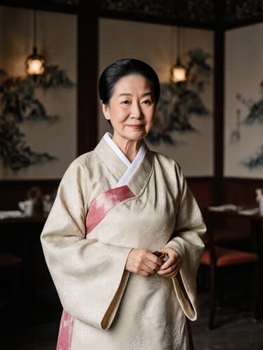 70대 혼혈 여성의 전신 샷으로, 부드러운 색조의 패턴이 돋보이는 전통 한복을 입고 작은 전통 소품을 손에 들고 서 있습니다. 피곤하지만 약간 미소를 띤 표정이 따뜻함을 더하며, 전통적인 예술 작품으로 장식된 차를 즐길 수 있는 카페에서 촬영되어 문화적인 분위기를 전달합니다.