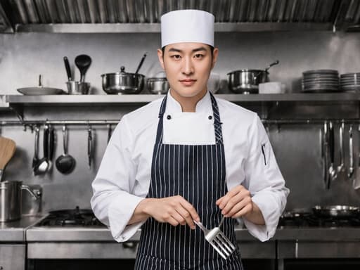 30대 한국인 남성이 멋진 셰프 유니폼을 입고, 요리 도구를 들고 역동적으로 포즈를 취하는 모습이 현대적인 주방에서 전문가적인 느낌을 주며 세련된 분위기를 자아냅니다.