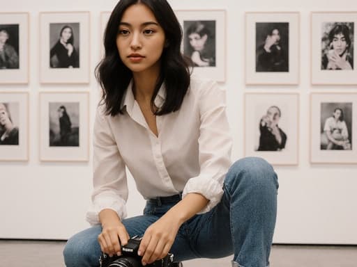 10대 초반의 혼혈 소녀가 세련된 블라우스와 청바지를 입고, 우아한 표정을 짓으며 패셔너블한 운동화를 조정하는 모습의 반신 촬영. 배경은 다양한 사진 작품들이 전시된 현대적인 갤러리입니다.