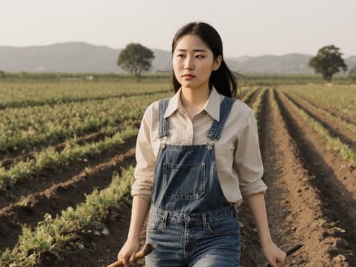 20대 동양인 여성이 편안한 농부 스타일의 셔츠와 청바지를 입고 농기구를 들고 넓은 농장 풍경을 걷고 있습니다. 그녀는 피곤한 표정을 지으며 농업 생활의 힘든 작업을 나타내고, 배경의 넓은 농작물과 나무가 시골의 분위기를 강조합니다.
