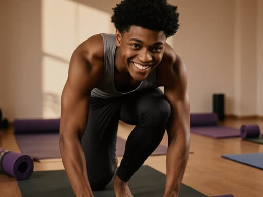 10대 초반의 흑인 남성이 편안한 요가복을 입고 요가 매트를 정돈하며 밝게 웃고 있는 모습의 반신 사진입니다. 부드러운 조명이 비추는 아늑한 요가 스튜디오에서 긍정적인 에너지를 발산하고 있습니다.