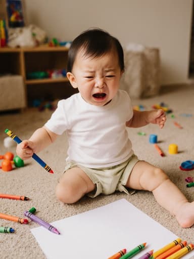 따뜻한 느낌의 거실 바닥에 앉아 있는 1세 한국인 여성 아기의 전신 사진. 아기는 편안한 티셔츠와 반바지를 입고 있으며, 배고픈 표정을 지으며 울고 있다. 손에 색연필을 쥐고 그림을 그리려는 자세를 취하고 있다.