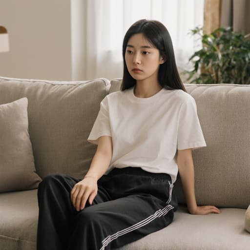 넓은 거실 소파에 걸터앉아 교차다리를 하고 있는 10대 후반 한국인 여성의 모습으로, 편안한 티셔츠와 트레이닝 팬츠를 입고 약간 지루한 표정을 짓고 있는 이미지입니다.