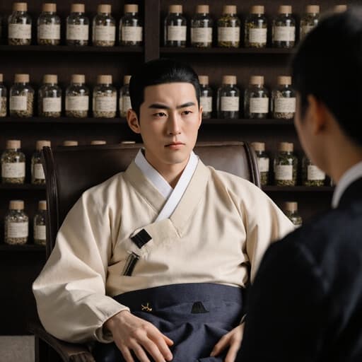 전통 한복을 입고 있는 10대 후반의 동양인 남성이 의자에 앉아 한의사와 대화하며 침 치료에 대한 불안감을 나타내는 찡그린 표정을 짓고 있는 반신 사진. 배경은 다양한 약재가 진열된 전통 한약 조제실입니다.